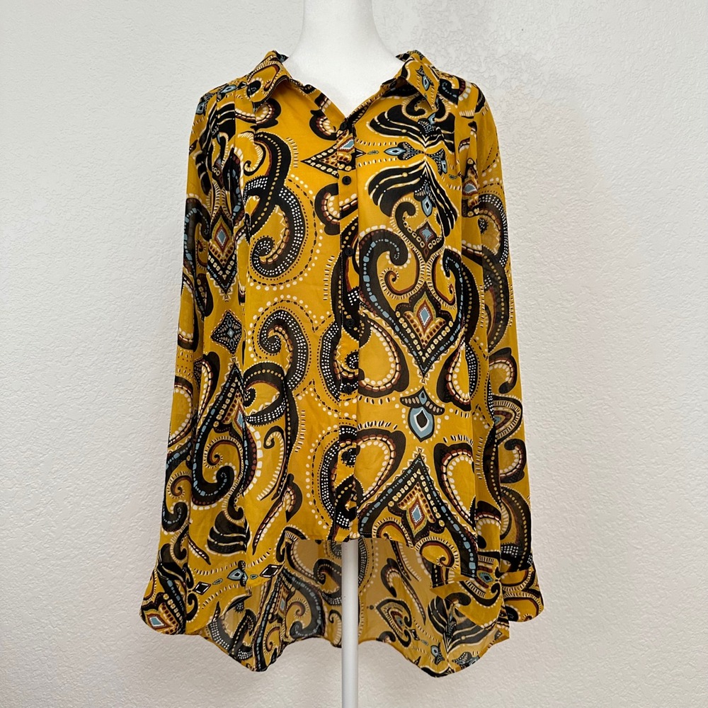 Nicole by Nicole Miller Sheer Tunic Blouse Yellow Boho Paisley High Low Festival